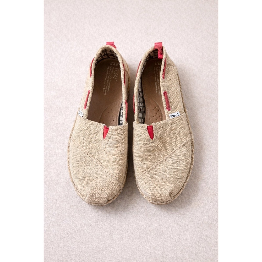 TOMS Bimini Tan Burlap Canvas Red Accent Slip On Boat Shoes Womens 9.5‎